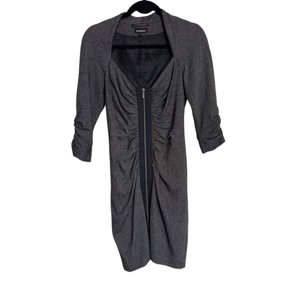 Bebe Dress Womens Size Small Gray Bodycon Zip Front Ruched Wool Blend 3/4 Sleeve - Picture 1 of 7
